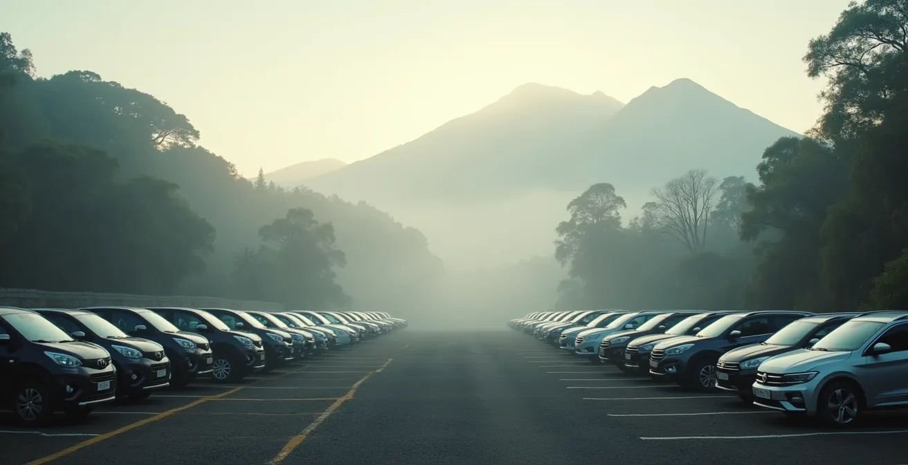 Parking surveillé du Col des Bœufs avec véhicules garés face aux montagnes brumeuses de Mafate