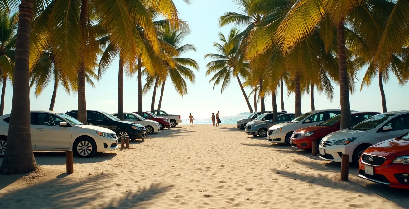 Parking de plage sous les filaos avec voitures garées de manière organisée
