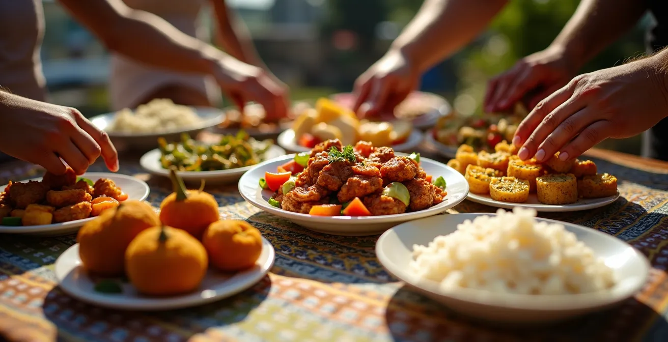 Familles de différentes communautés partageant un repas dans un kiosque de pique-nique