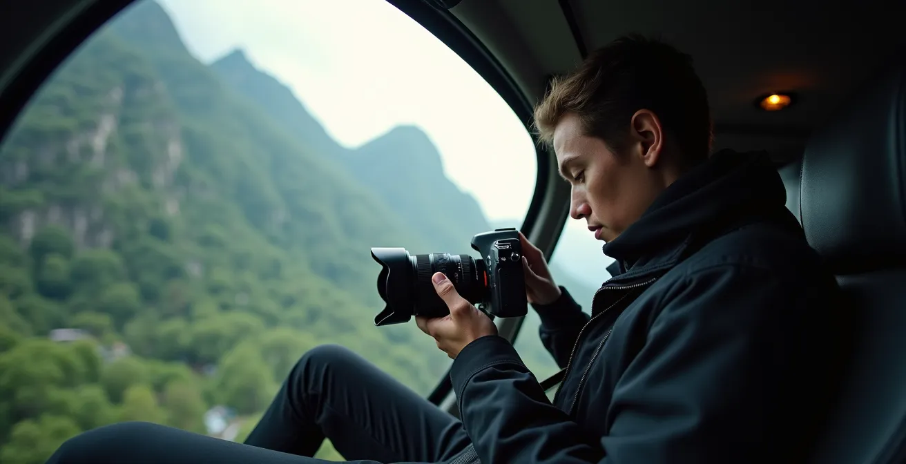Photographe en vêtements sombres tenant un appareil photo avec filtre polarisant dans un hélicoptère