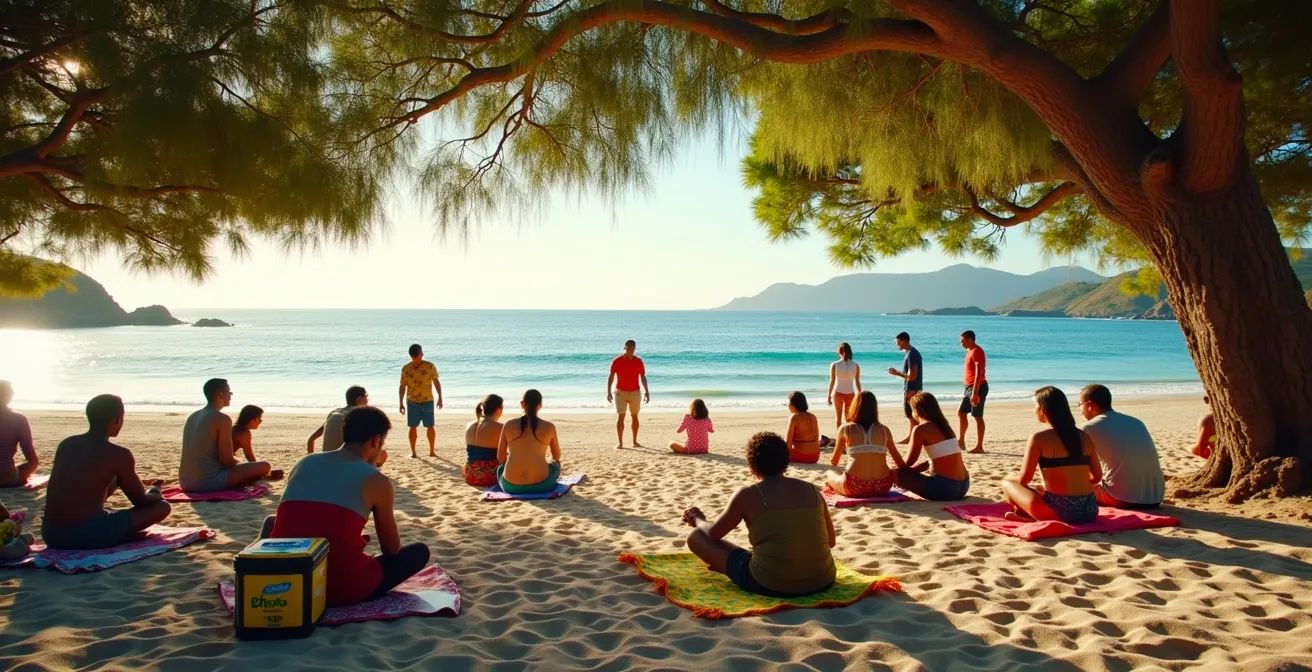 Familles réunionnaises partageant un pique-nique sous les filaos au bord de l'océan