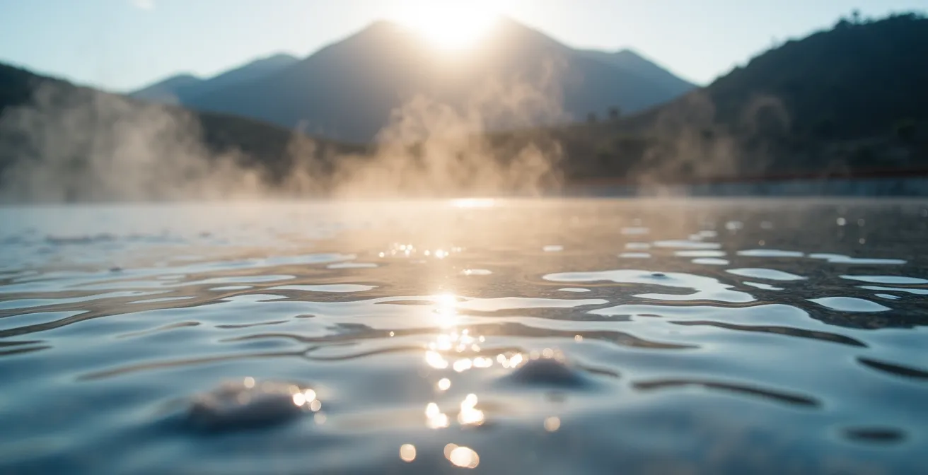 Piscine chauffée avec vapeur dans les Hauts de La Réunion avec montagnes en arrière-plan