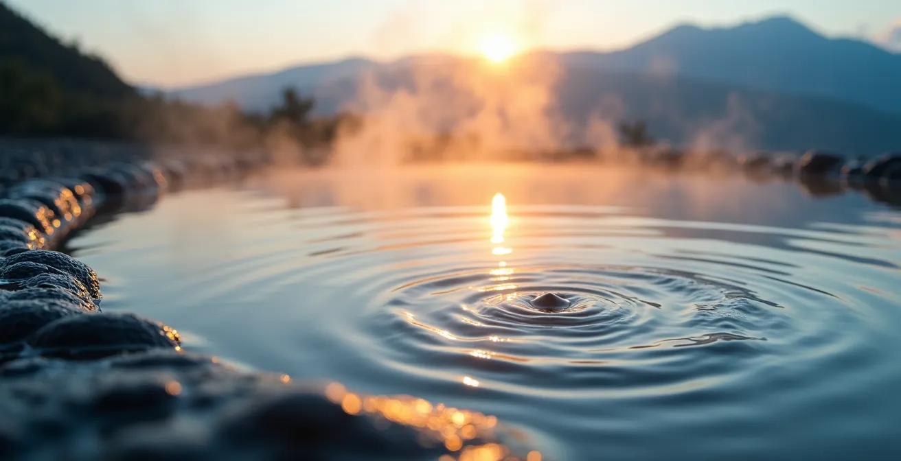 Piscine extérieure fumante au milieu des montagnes brumeuses de Cilaos avec vapeur s'élevant dans l'air frais