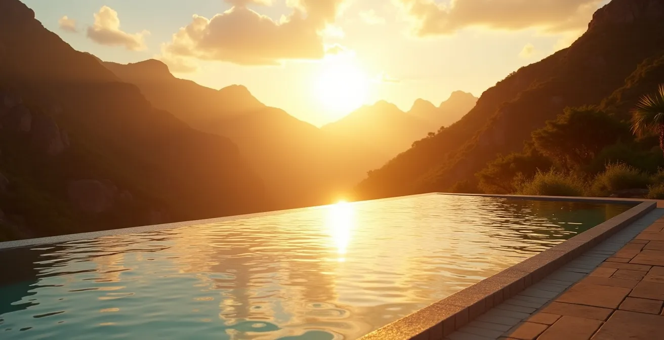 Piscine orientée ouest avec vue sur les remparts de Cilaos au coucher du soleil doré