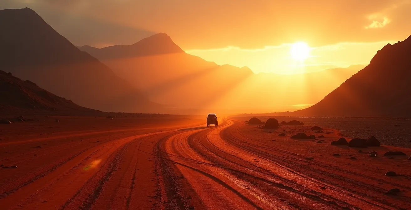 Paysage lunaire de la Plaine des Sables au lever du soleil avec une voiture sur la piste