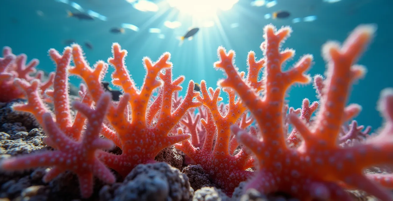 Gros plan macro sur un corail branchu Acropora avec ses polypes déployés