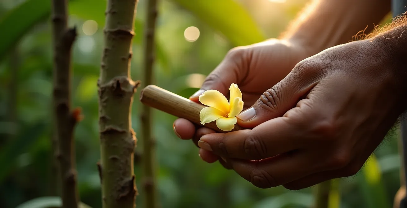 Mains expertes effectuant la pollinisation délicate d'une fleur de vanille dans une plantation réunionnaise