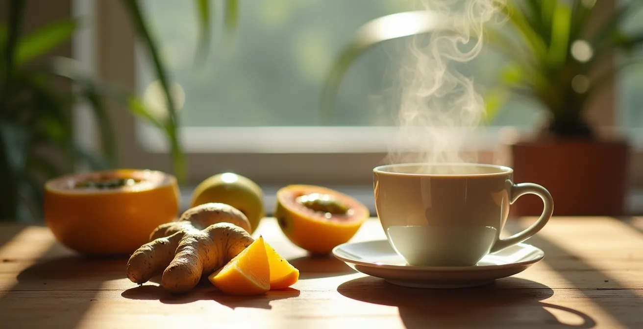 Table de petit-déjeuner tropical avec fruits frais et thé au gingembre avant un vol en hélicoptère