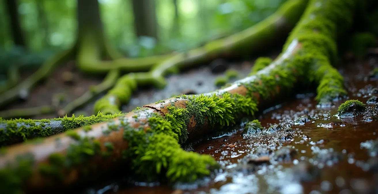 Détail macro de racines humides recouvertes de mousse sur un sentier forestier de Bélouve