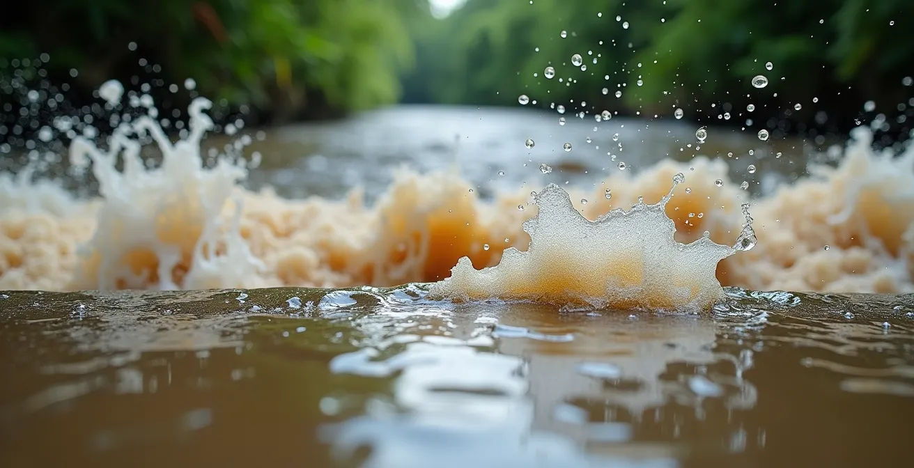 Radier submergé avec cascade d'eau traversant la route de montagne