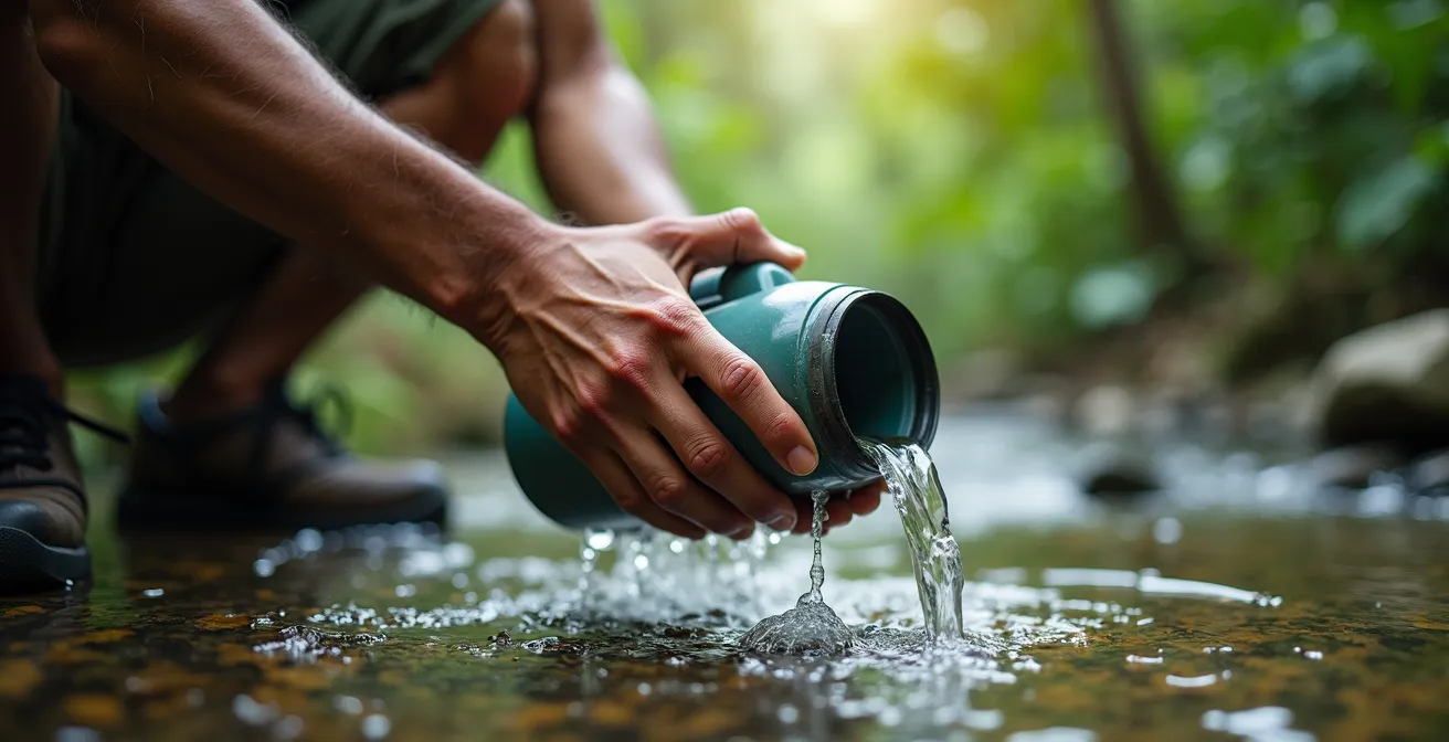 Randonneur filtrant de l'eau d'une rivière de montagne avec un système de purification portable