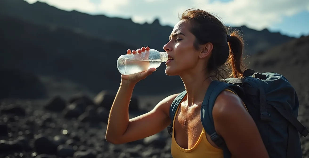 Randonneur buvant de l'eau sur les pentes volcaniques du Piton de la Fournaise