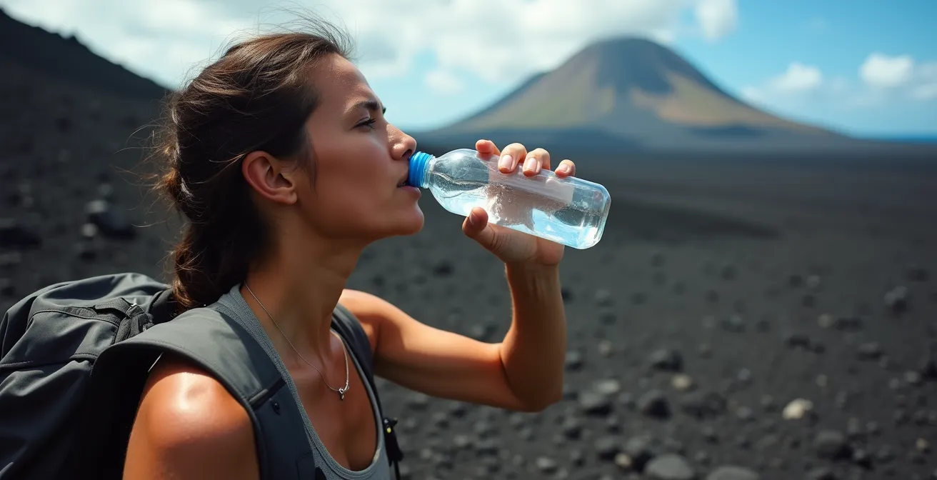 Randonneur buvant de l'eau sur les pentes arides du Piton de la Fournaise