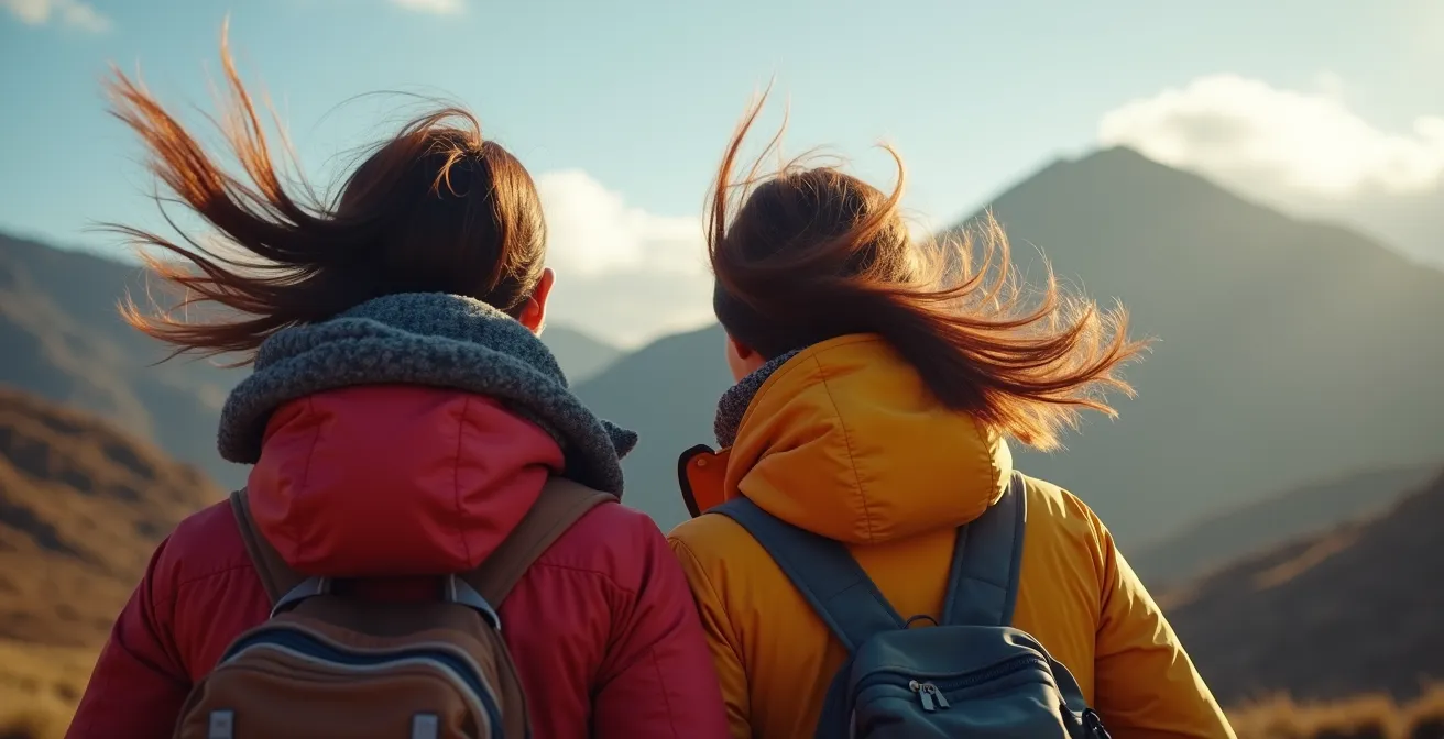 Randonneurs équipés de vêtements chauds face au vent glacial au Pas de Bellecombe à La Réunion