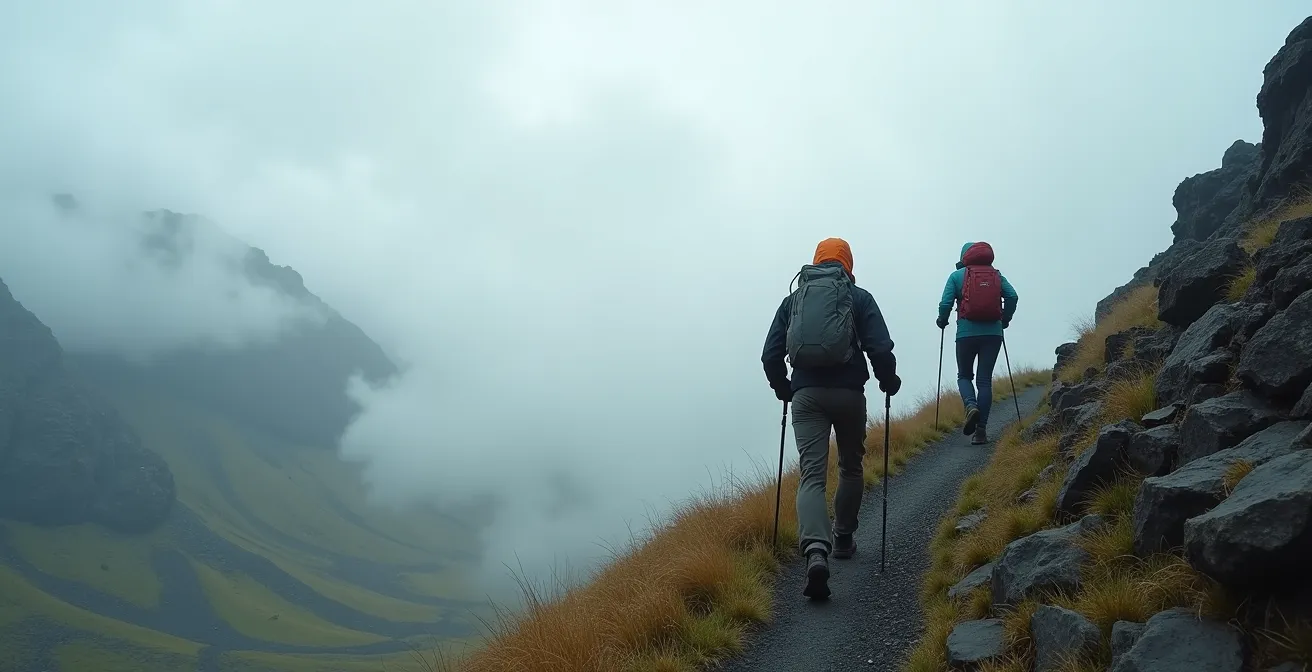 Randonneurs protégés du vent fort sur un sentier exposé du rempart du Maïdo à La Réunion