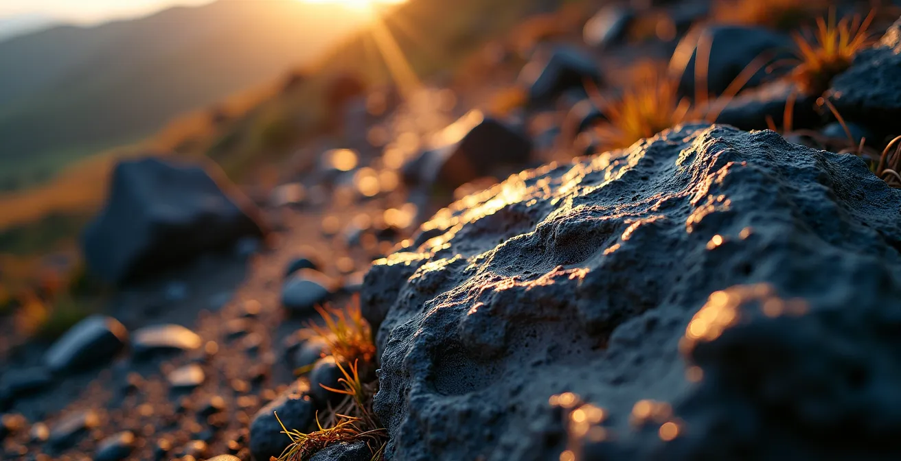 Sentier escarpé exposé au soleil sur un rempart de Mafate montrant la difficulté de l'ascension en pleine chaleur