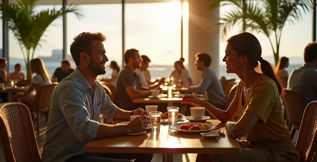 Vue d'ensemble d'un espace de restauration moderne dans la zone d'embarquement avec terrasse tropicale