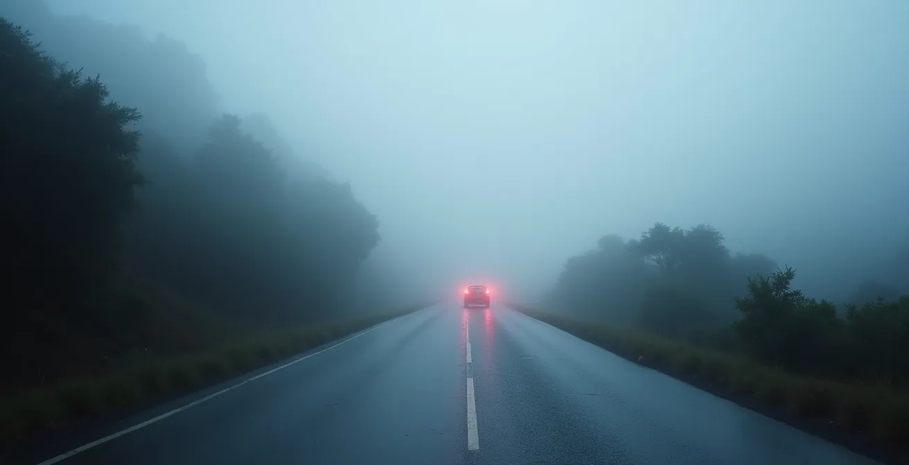Route de montagne dans le brouillard épais à la Plaine des Palmistes