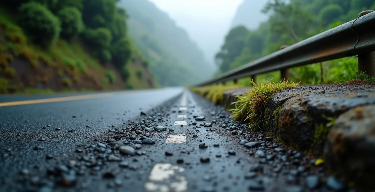 Route étroite et sinueuse serpentant dans les Hauts de La Réunion avec virages en épingle