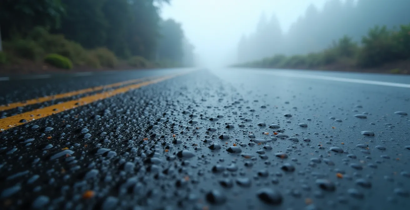 Route de montagne sinueuse dans les Hauts de La Réunion avec brouillard épais