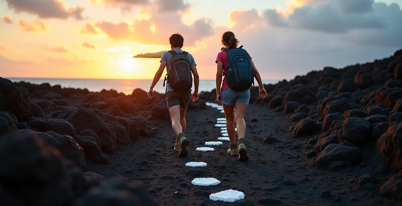 Randonneurs suivant le balisage blanc sur la coulée de lave noire solidifiée de 2007