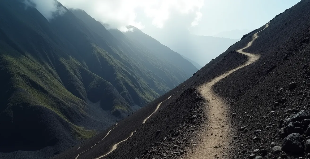 Sentier en lacets sur les pentes volcaniques du Piton des Neiges montrant les ravines d'érosion causées par les raccourcis