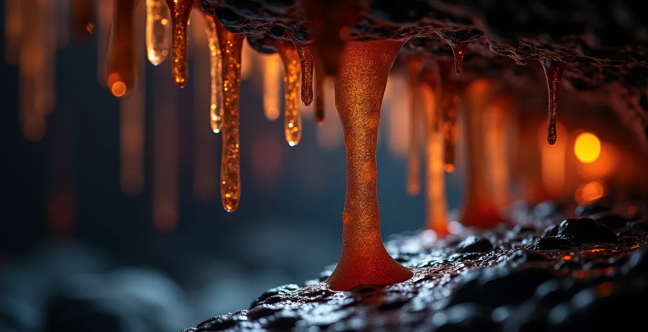 Stalactites de lave brillantes dans un tunnel volcanique de La Réunion