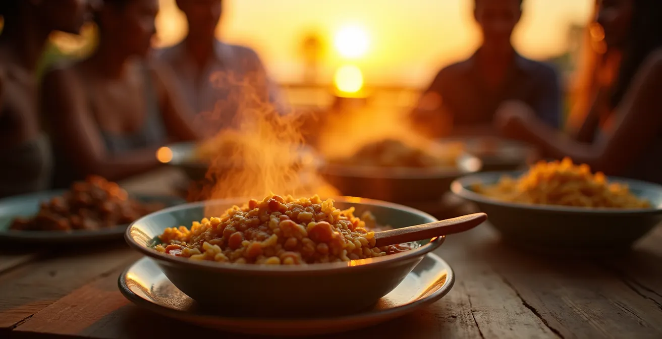 Table d'hôtes créole sur une varangue au coucher du soleil à Mafate