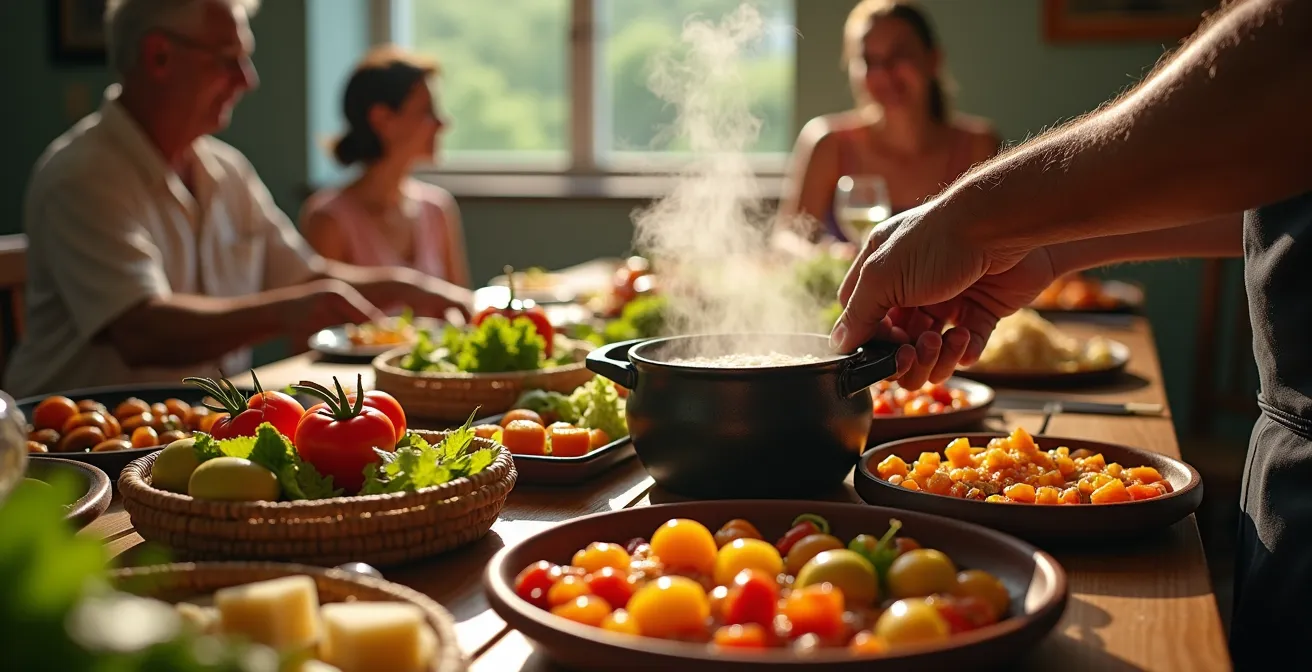 Table dressée avec produits frais de la ferme et plats créoles traditionnels
