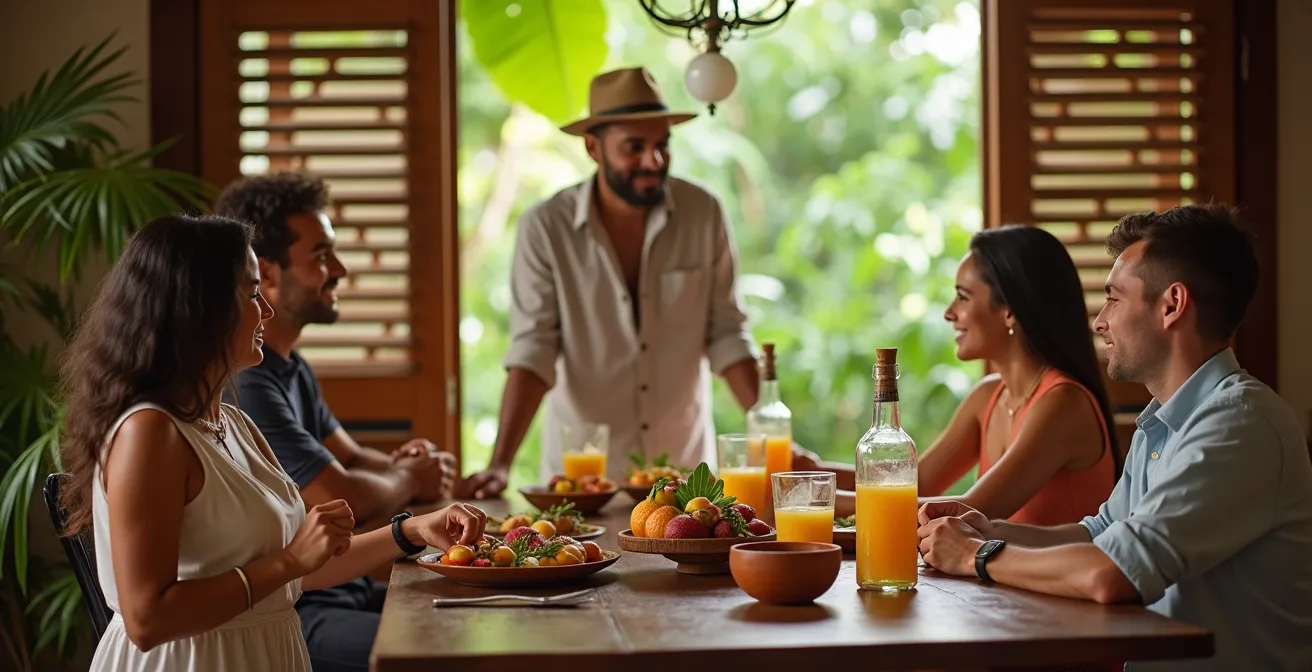 Table d'hôtes créole dressée sous une varangue avec rhums arrangés maison et produits du jardin