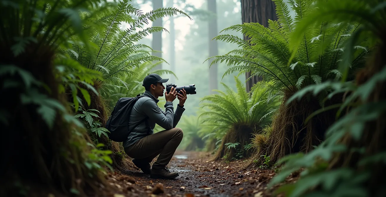 Photographe en position basse capturant la canopée des fanjans avec filtre polarisant