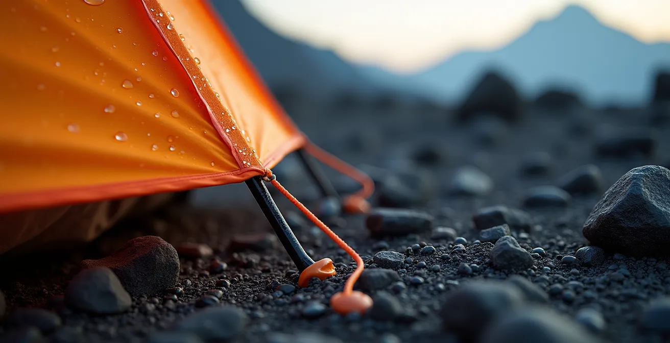 Tente autoportante orange montée sur terrain volcanique rocheux avec ciel étoilé