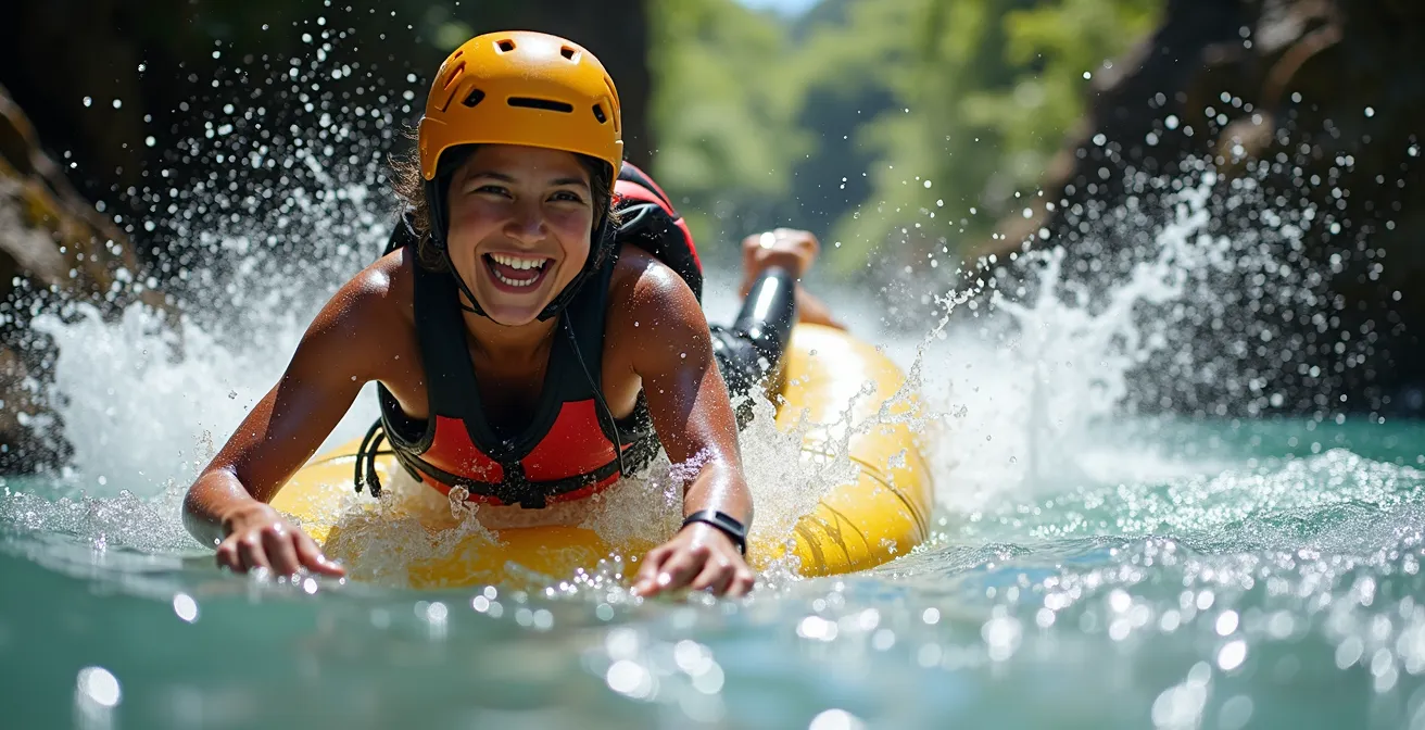 Toboggan naturel dans le canyon de Trou Blanc avec canyoniste glissant dans l'eau claire