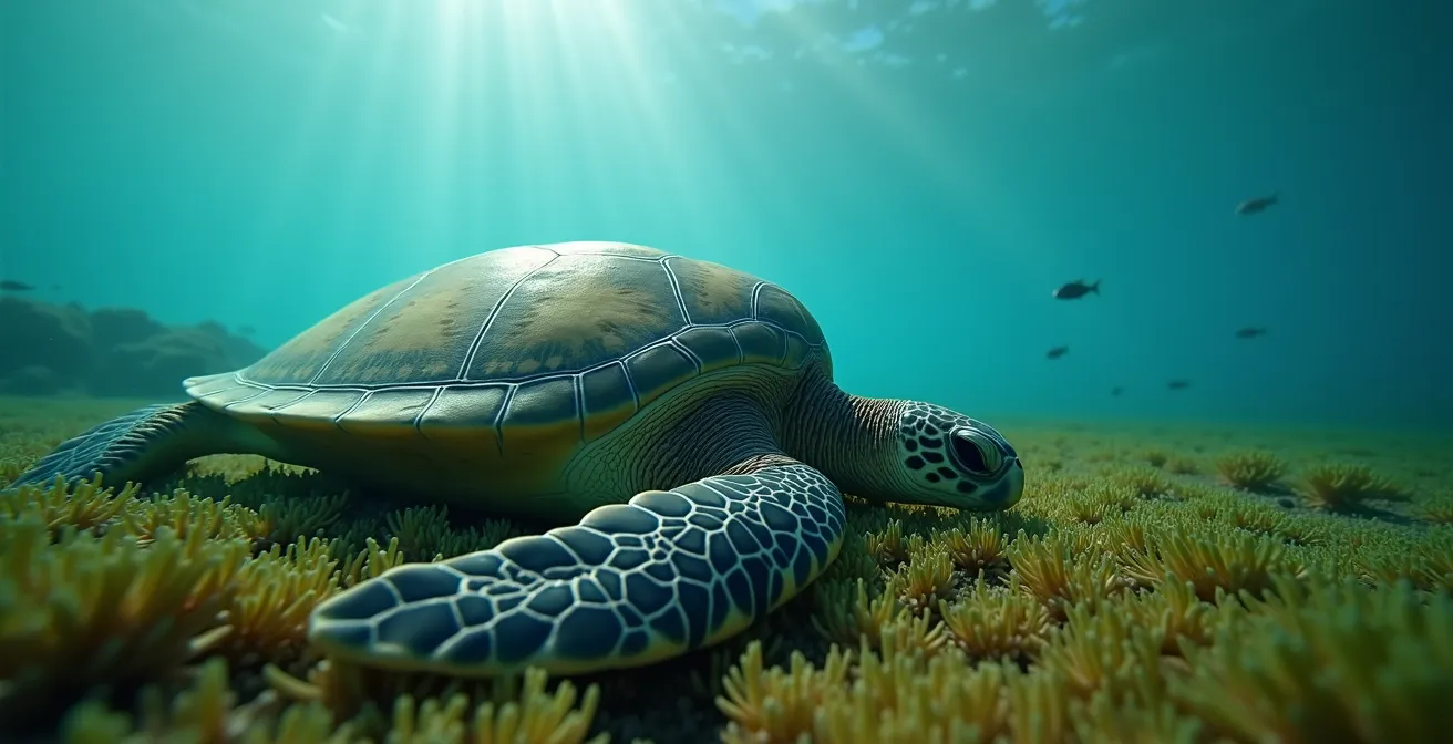 Tortue verte broutant paisiblement dans un herbier marin peu profond