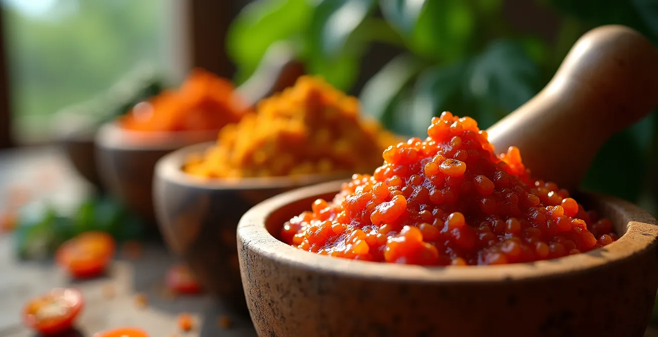Assortiment de rougails créoles dans des bols artisanaux avec piments, tomates et mangue verte