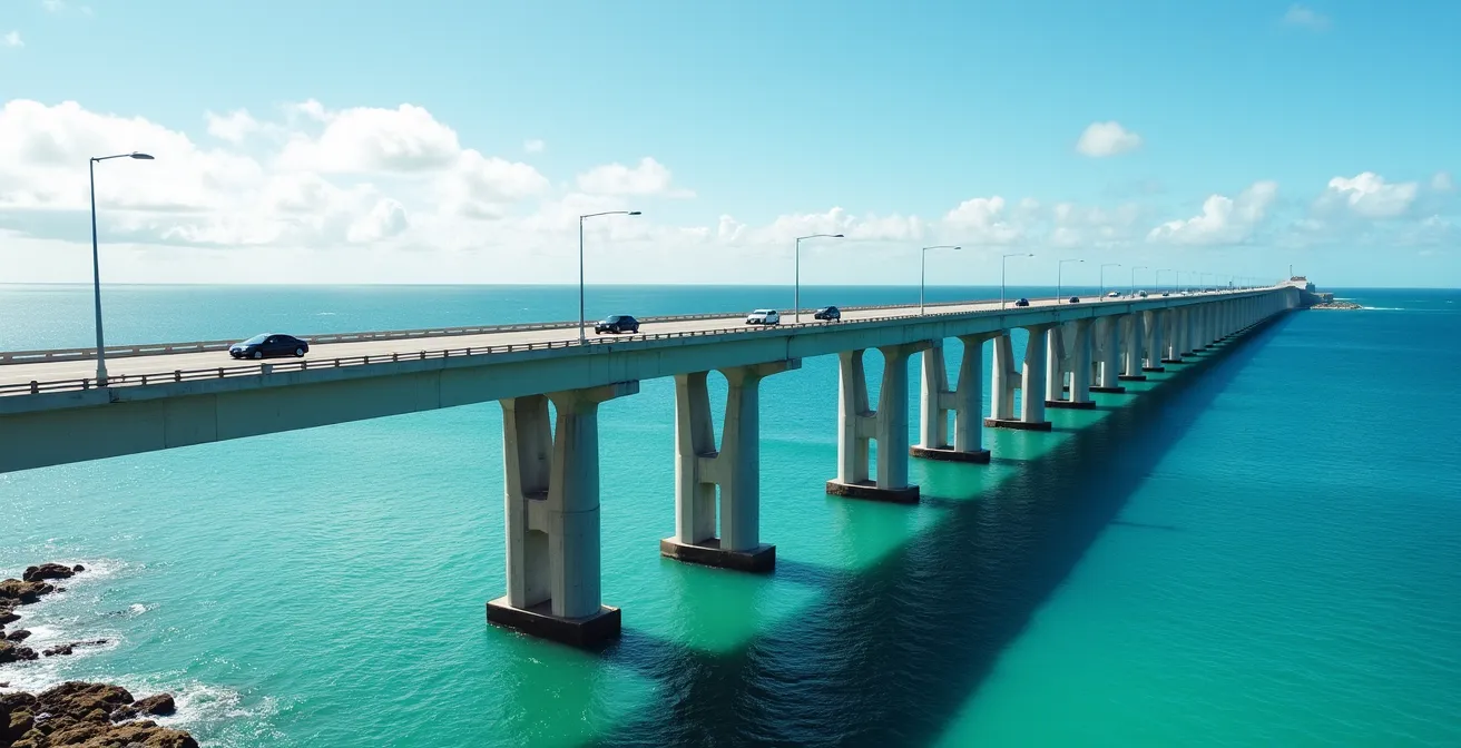 Vue latérale du viaduc de la NRL avec ses piliers massifs plantés dans l'océan