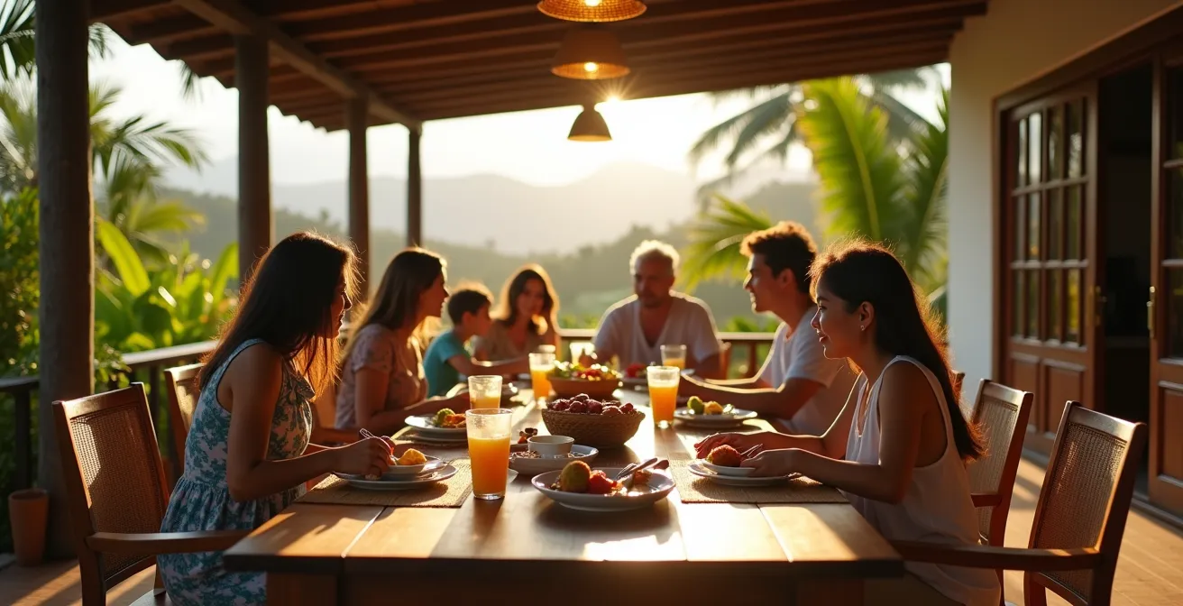 Terrasse couverte créole avec vue sur jardin tropical et espace repas familial