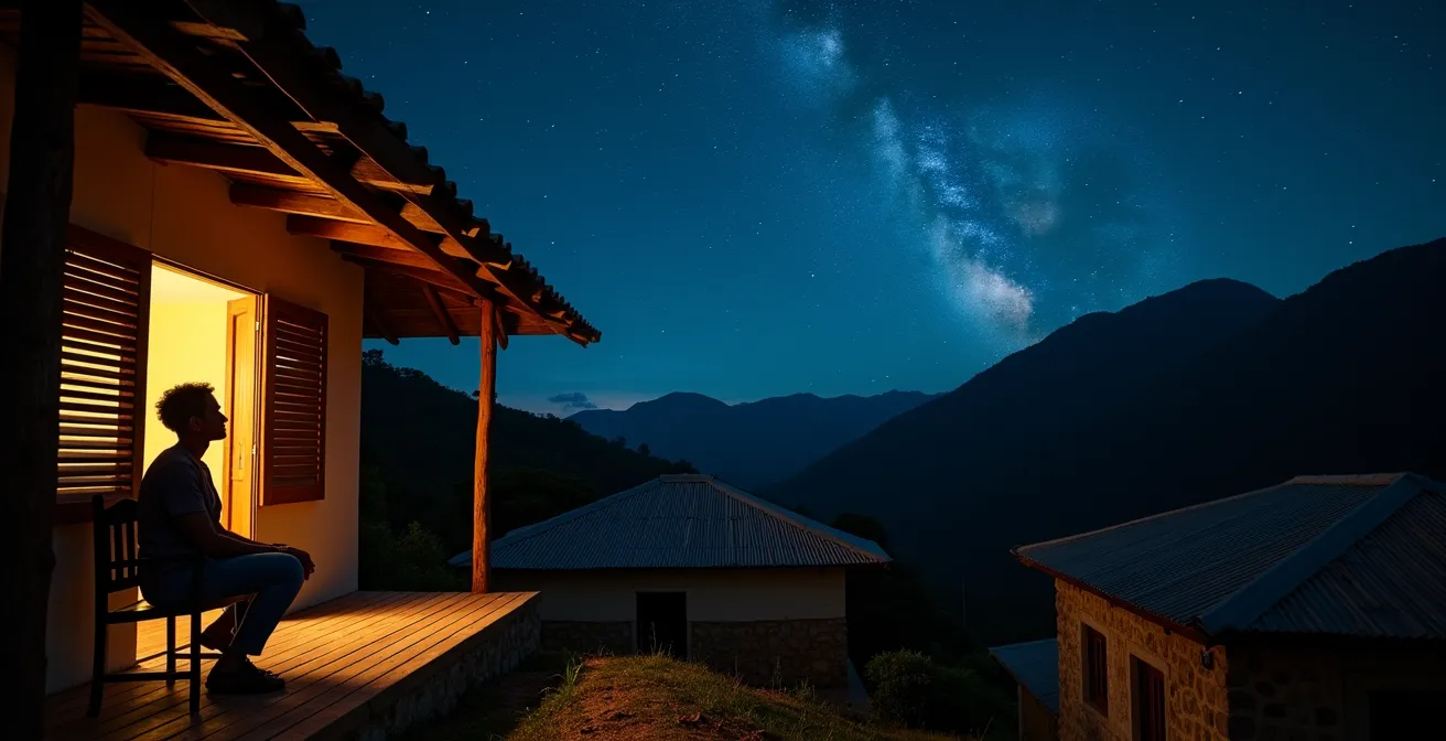 Village de Cilaos illuminé sous un ciel étoilé avec les silhouettes des montagnes en arrière-plan