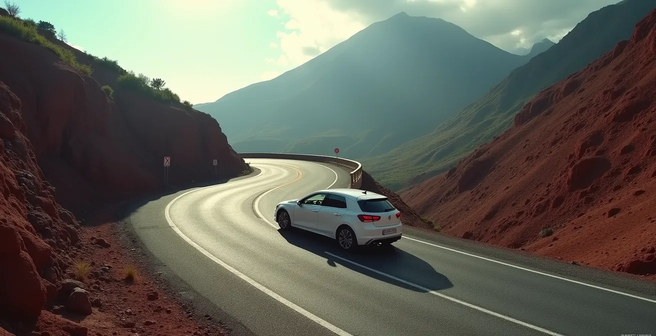 Vue large d'une petite voiture surchargée sur une route de montagne escarpée à La Réunion, semblant minuscule face au paysage