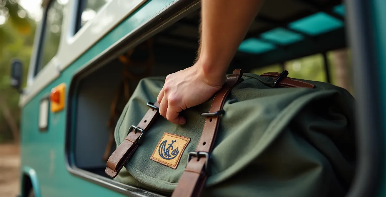 Voyageur rangeant son sac dans la soute d'un bus Car Jaune à La Réunion